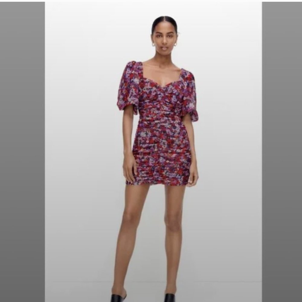 ZARA Floral Print Mini Dress Ruched Size M NEW WITH TAG! - Picture 10 of 12